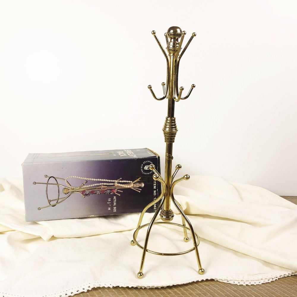 Miniature Brass Coat Rack Jewelry Tree, Vintage Necklace Holder
